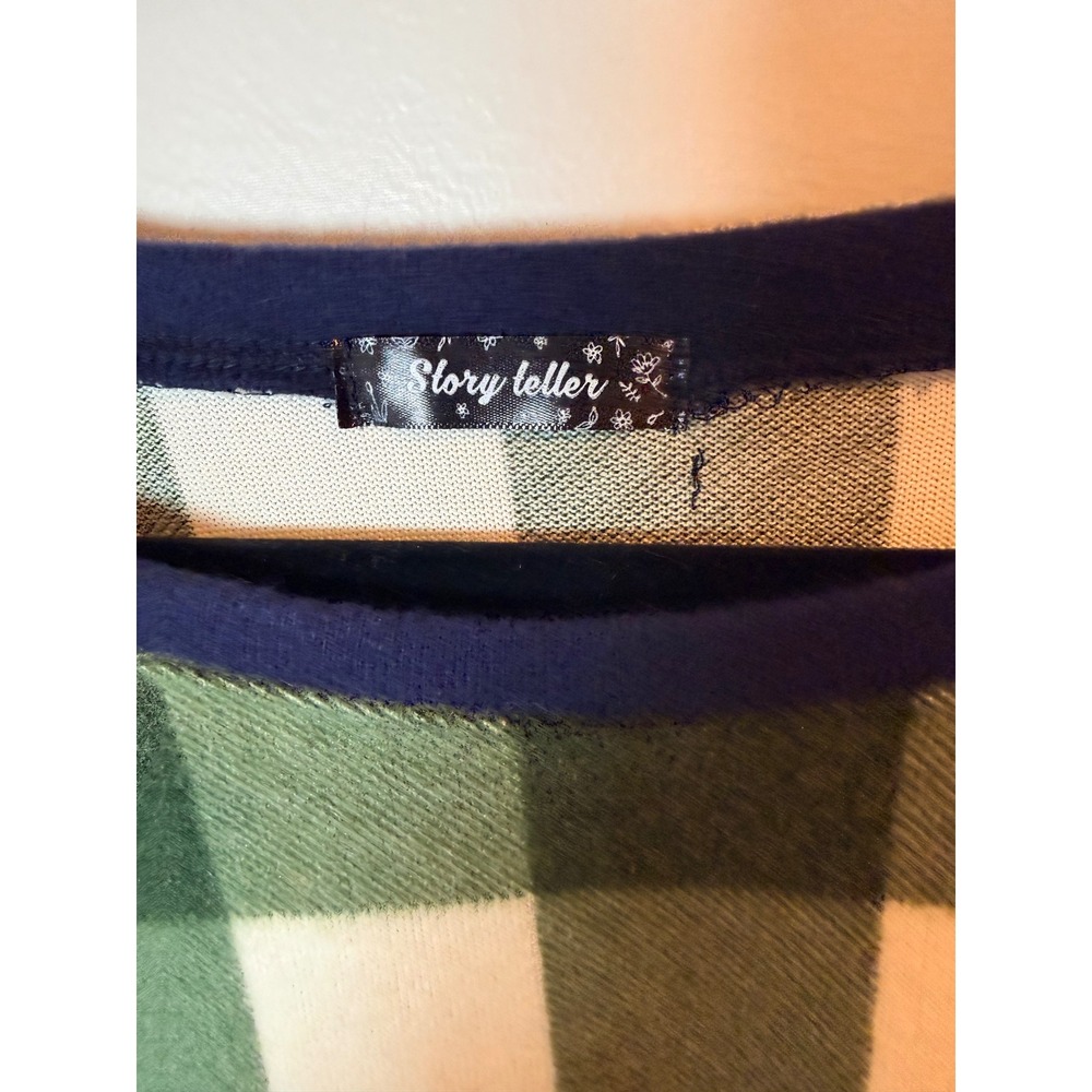 Story Teller Women 3X Buffalo Plaid Striped Raglan Fleece Shirt Green Coral Navy - Picture 5 of 7